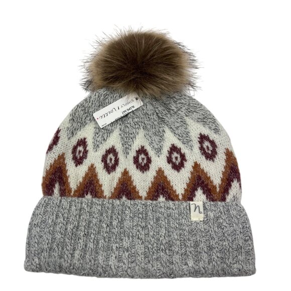 Simply Noel Accessories - Simply Noel Womens Pom Beanie With Nordic Pattern & Faux Fur Pom Gray & Multicol